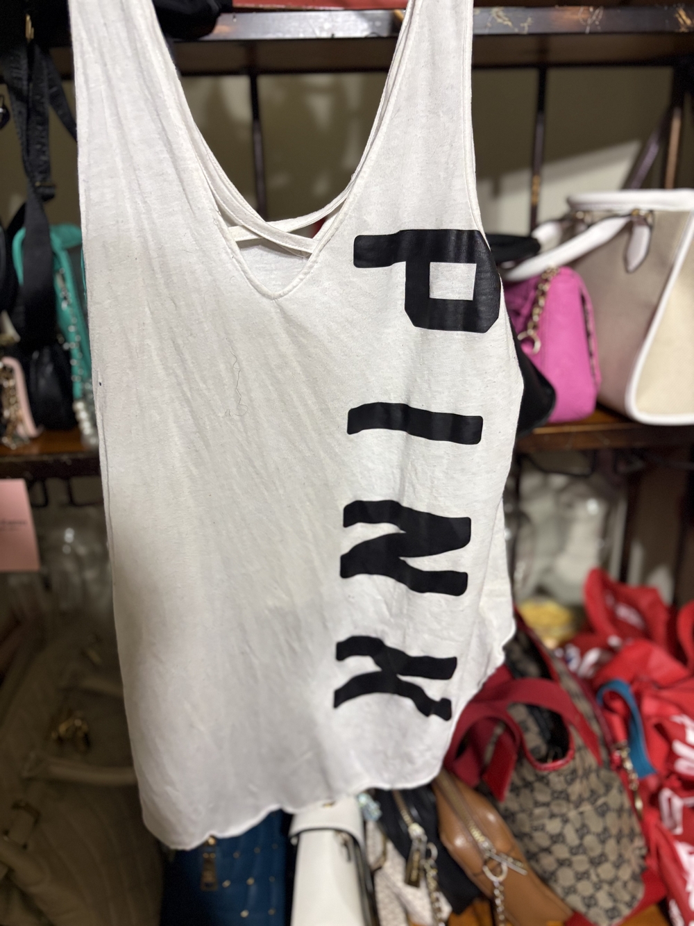 PINK Victoria's Secret White Tank with Black Vertical Logo
